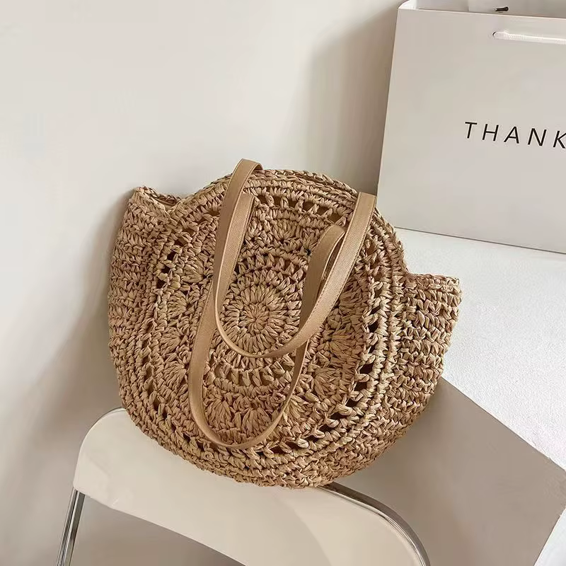 Sac de plage rond en paille, sac à bandoulière tissé Vintage fait à la main, sacs en rotin circulaire en raphia, sacs décontractés bohème pour vacances d'été