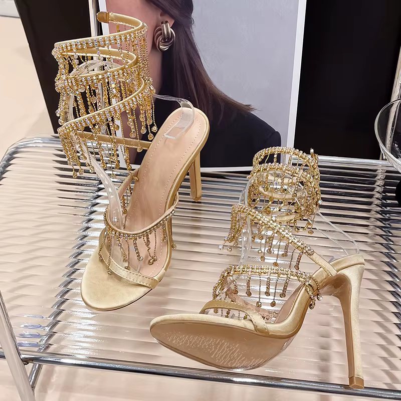 Chaussures dorées mode strass Peep Toe dames talons hauts chaussures en cristal gladiateur sandales femmes talons fins chaussures femme