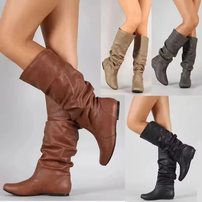 2025 nouvelles femmes bottes plates mode bottes en cuir plissé automne hiver sans lacet mi-mollet chaussures pour femmes marque concepteur bottes hautes