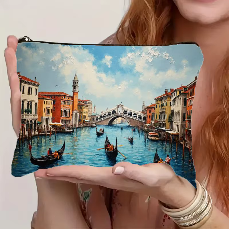 Sac de maquillage cosmétique Venise Italie avec imprimé canaux vénitiens et gondole, organisateur de voyage léger et pliable, pochette zippée