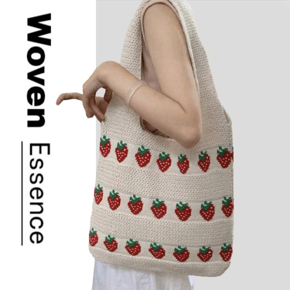 Sac à main tricoté pour femme, motif fraise, grande capacité, sac en crochet léger et durable, sac fourre-tout pour voyage