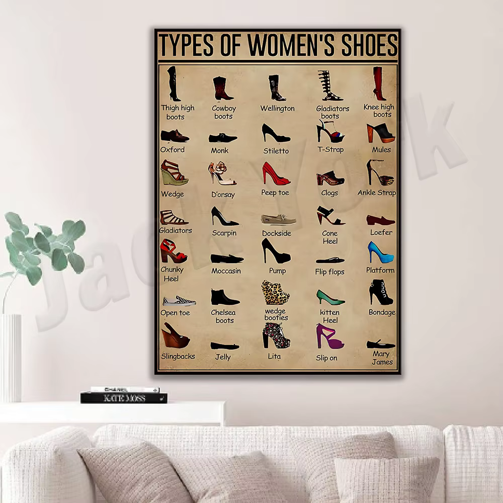 Affiche de Types de chaussures pour femmes, affiche en toile de chaussures pour femmes, peinture Vintage, impression artistique, décor mural de magasin de chaussures