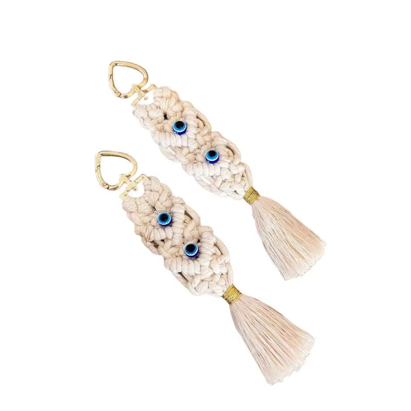 Porte-clés Macramé œil, style bohème, tissé à la main, avec pompon, breloque de sac, style ethnique vintage, pour clés de voiture, sac à main, accessoires