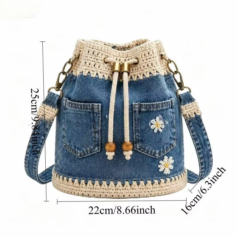 Sac seau en jean au crochet, tissé à la main, avec cordon de serrage, sac à main sous le bras, grand sac, style vintage, broderie florale, sac à bandoulière, Nouveauté 2026