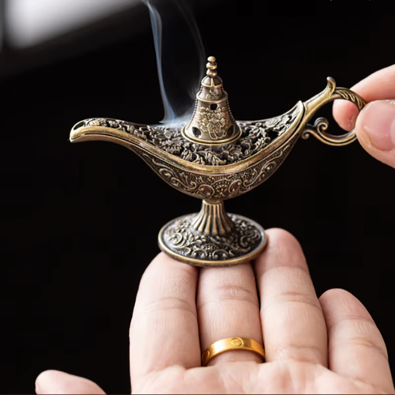 Brûleur d'encens en métal d'inspiration antique en forme de lampe, porte-bougie parfumé et non parfumé, décoration d'intérieur de style arabe, cadeau