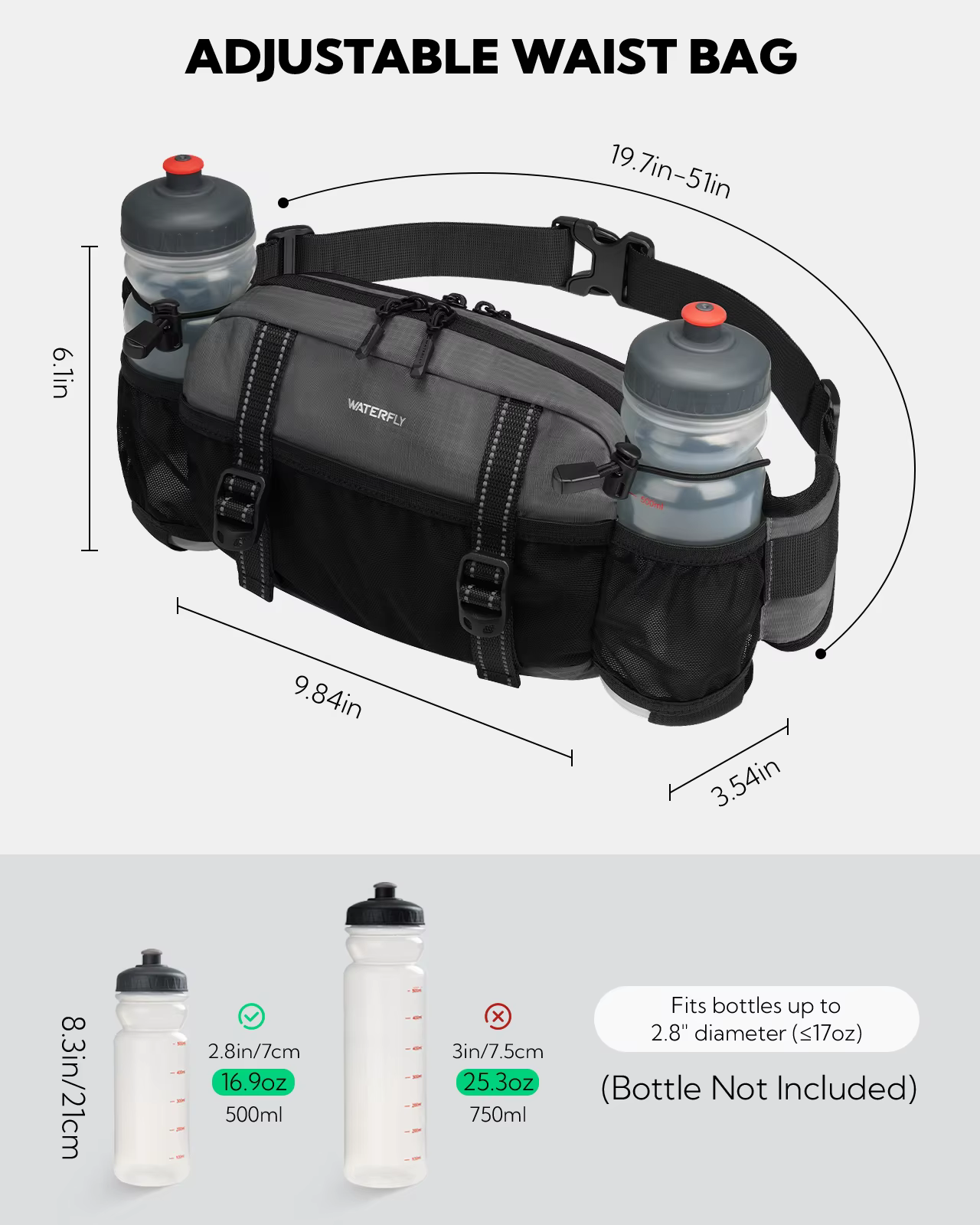 WATERFLY Sac banane de randonnée 3L – Sac de taille avec 2 porte-bouteilles et 9 poches