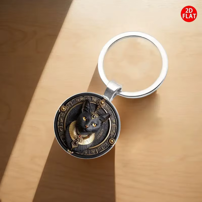 Porte-clés chat noir égyptien 2D plat, Style égyptien ancien, accessoire de mode pour voiture