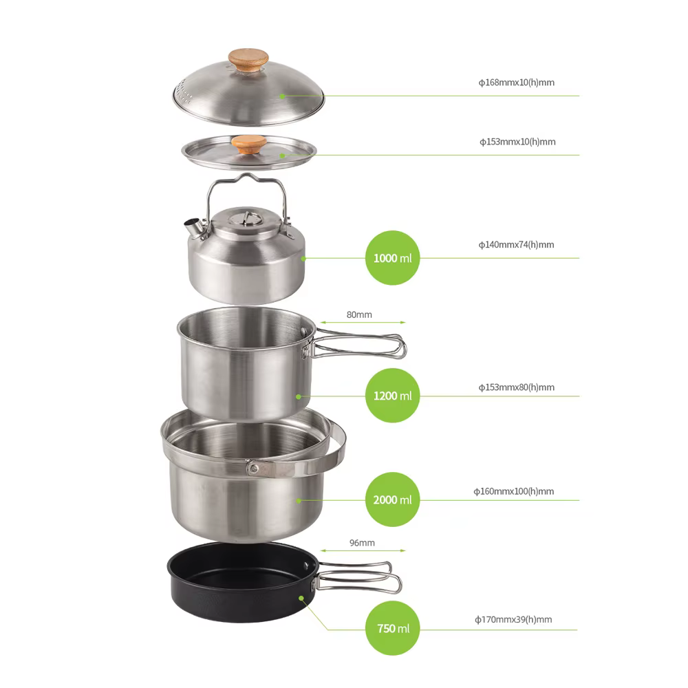Ensemble d'ustensiles de cuisine de camping, kit de batterie de cuisine de pique-nique en plein air, marmite en acier inoxydable, poêle à frire, ensemble de bouilloire, accessoire de cuisine de voyage