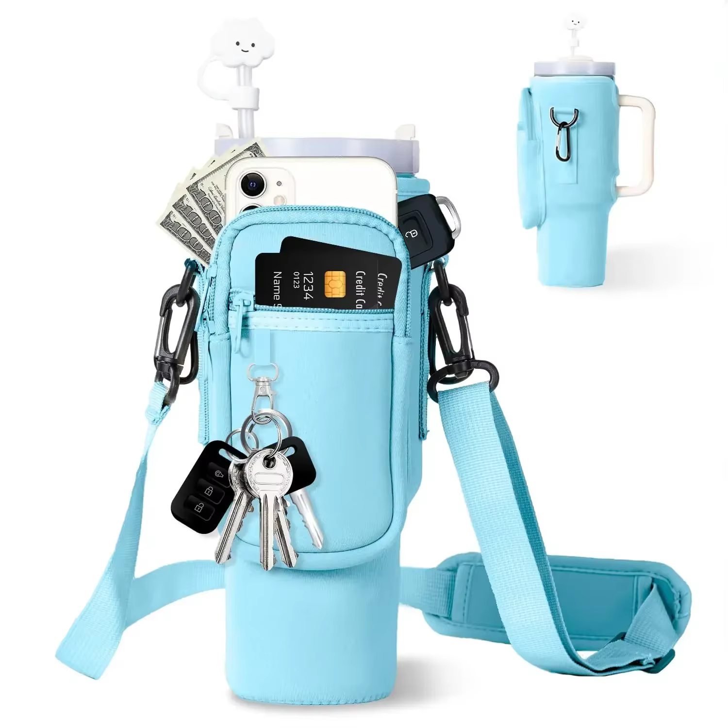 Sac de transport de bouteille d'eau pour gobelet Stanley 40oz avec poignée, porte-bouteille d'eau avec bandoulière réglable avec poche