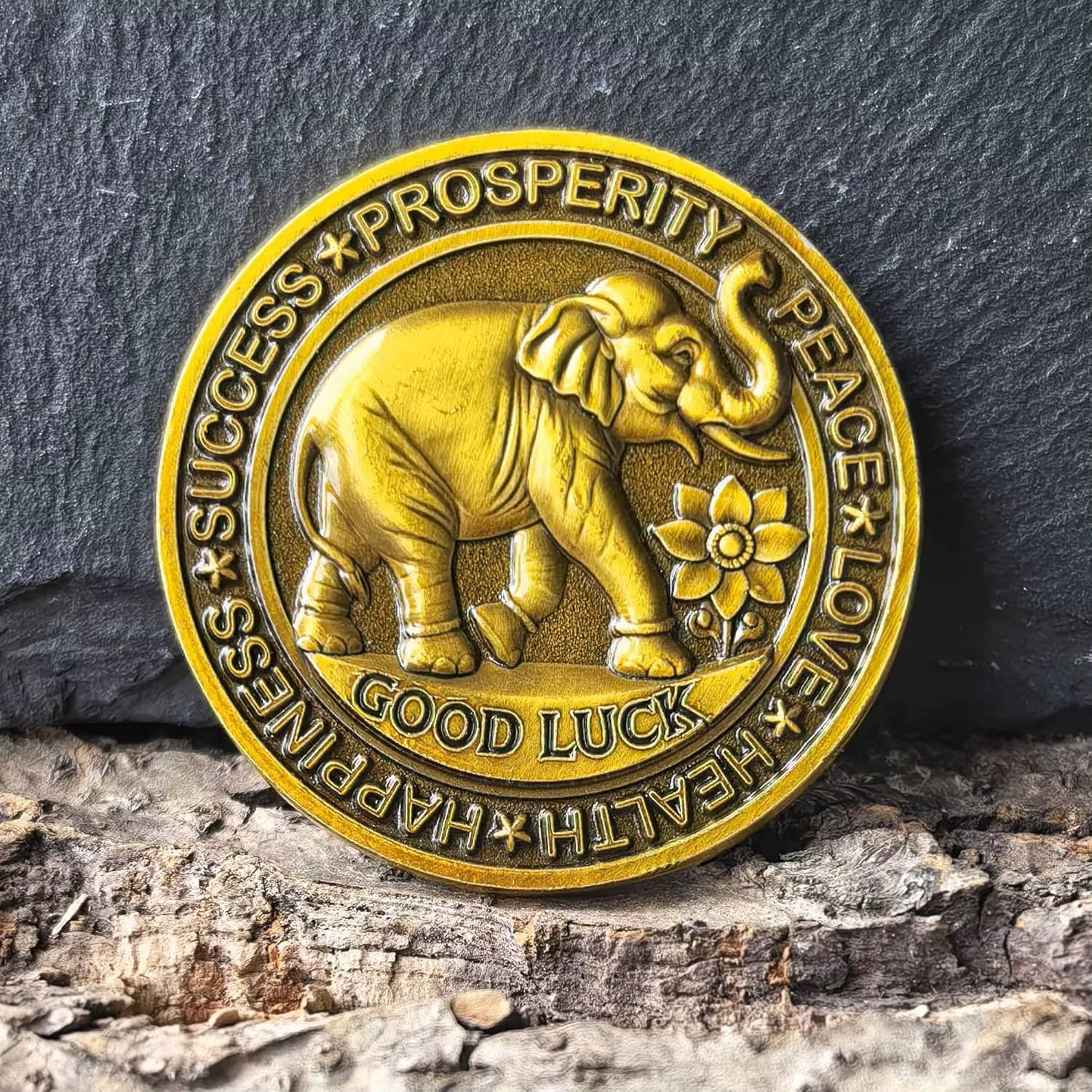 Pièce de bonne chance – Breloque de motivation trèfle à quatre feuilles et éléphant pour la prospérité et le succès