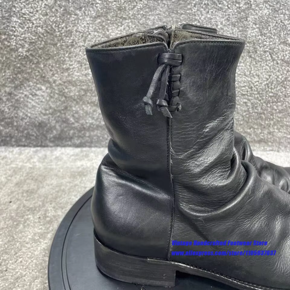 Bottines à fermeture éclair en cuir souple noir froissé pour hommes, bottes courtes à talon bas en cuir vintage, chaussures pour hommes fabriquées à la main par des designers