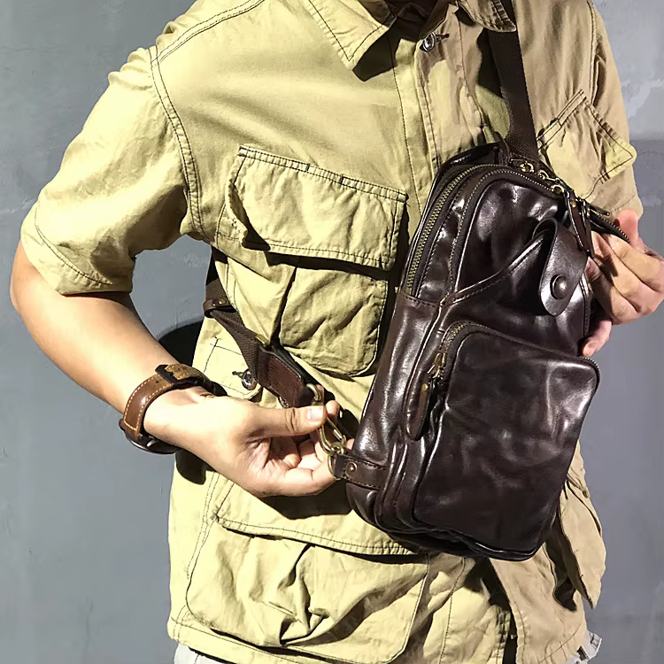 Sac de poitrine en cuir fait main pour homme, sacs à bandoulière rétro, couche de tête en cuir de vachette, Amei Kacha, vintage, doux, neuf, 2024